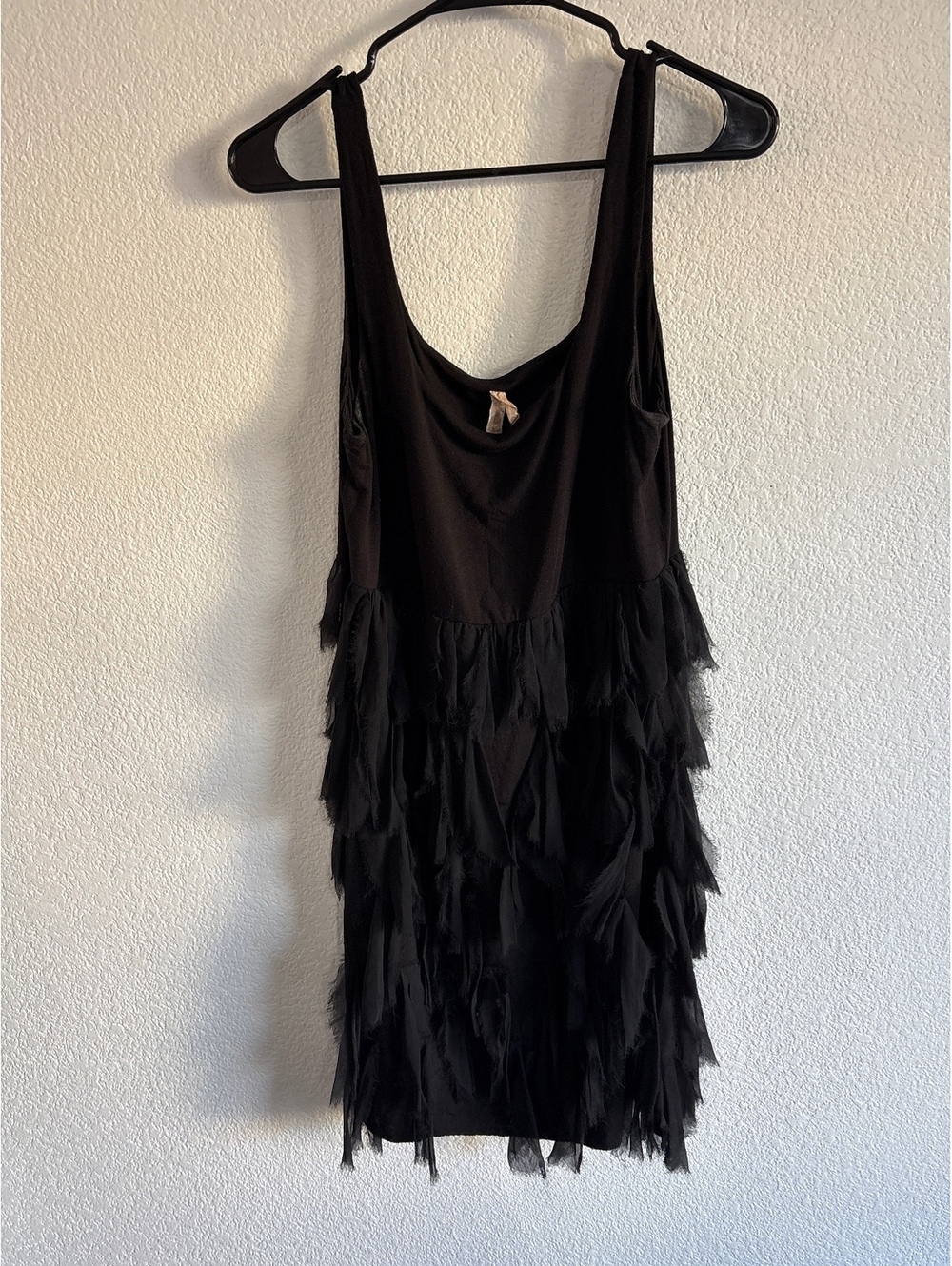 Black Sleeveless Dress with Layered Fringe Detail, Size Large